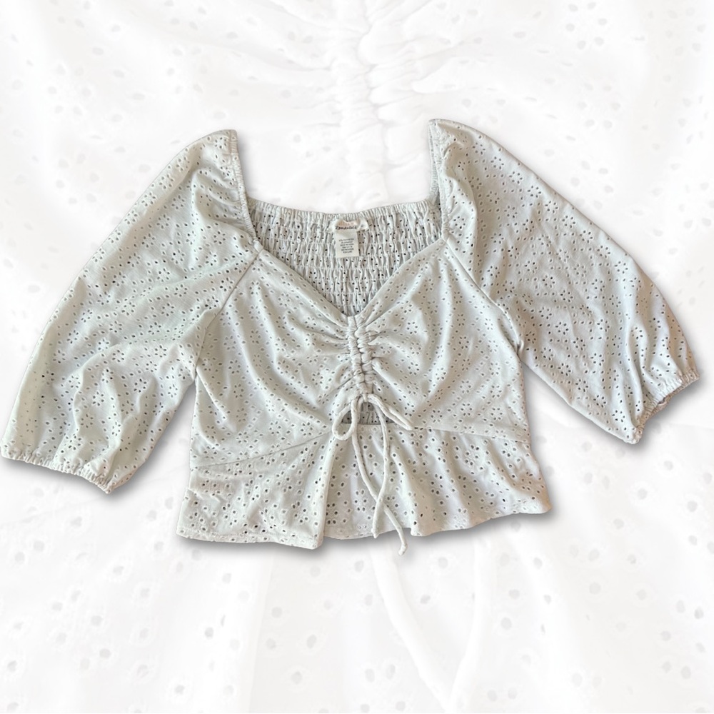 URBAN Romantics white Ruched Eyelet Blouse
